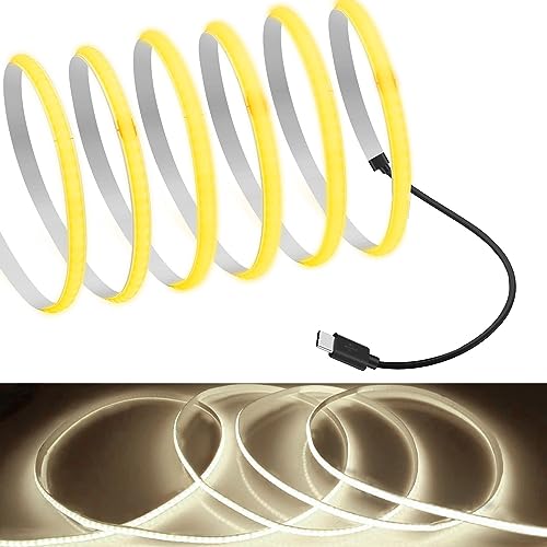 Image of MDee】Type C COB Tape Light LED Strip.9.84ft /3m- Flexible 5mm Hidden DC 5V LED Tape with 320 LEDs /m for Warm White (4000K) Lighting. Cuttable, Shapeable, Type C Powered. Ideal for Kitchen
