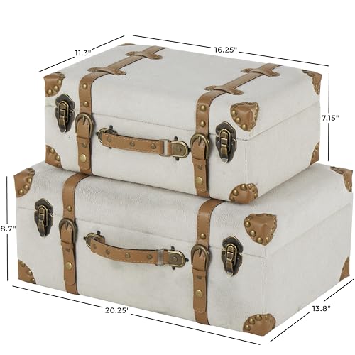 Image of Deco 79 Wooden Decorative Trunk Vintage Storage Decorative Large Boxes with Brown Leather Accents and Bronze Latches, Set of 2 Storage Trunks 20 inch, 16 inch H, Light Gray