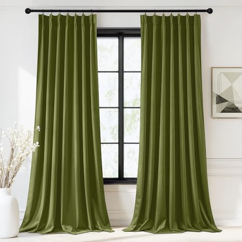 StangH Olive Green Pinch Pleat Velvet Curtains, Super Soft Room