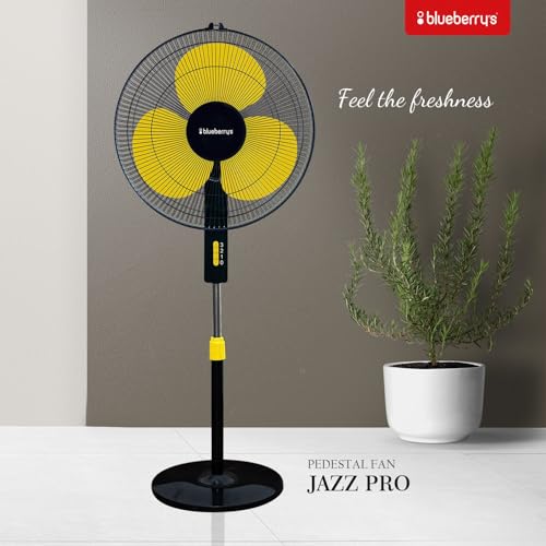 Image of Blueberry's High-Speed Oscillating Pedestal Fan, 3-Adjustable Fan Speeds, Rust Resistant Body, Adjustable Length, RPM 2200, 400-mm Sweep Length (Yellow)