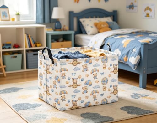 Image of Rectangular Baby Kids Storage Basket for Home Kitchen Girls Cute Toy Storage Bin Organizer Shelf Book Room Decor(Bear Pilot)