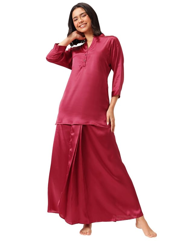 clovia Women's Chic Basic Satin Long Button Down Top with Dhoti Style Skirt-picture-12