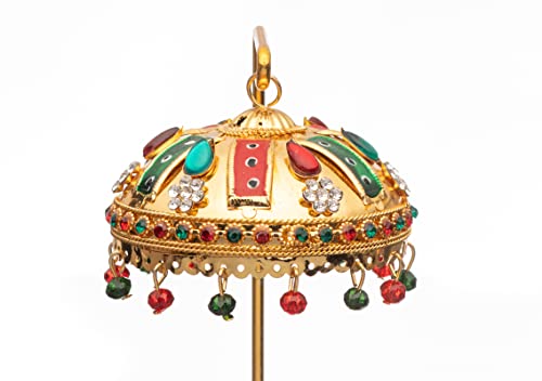 Image of Metal Chhatra Umbrella with Hanging Crystals - Decorative Chatri Aasan for God Idol, Car Dashboard, Office Desk, Table, or Home Mandir Showpiece (M 33)