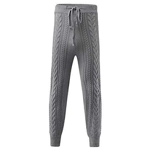 Mens Solid Chunky Cable Knit Warm Pants Drawstring Slim Fit Rib Trousers Elastic Mid Rise Cinch Bottom Jersey Pants