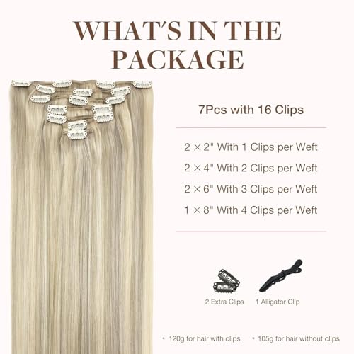 Image of GOO GOO Clip in Hair Extensions Real Human Hair, Remy Human Hair Extensions Clip ins for Women, Natural Human Hair, 22inch 120g 7Pcs, 17A /60A Ash Blonde Highlighted Platinum Blonde