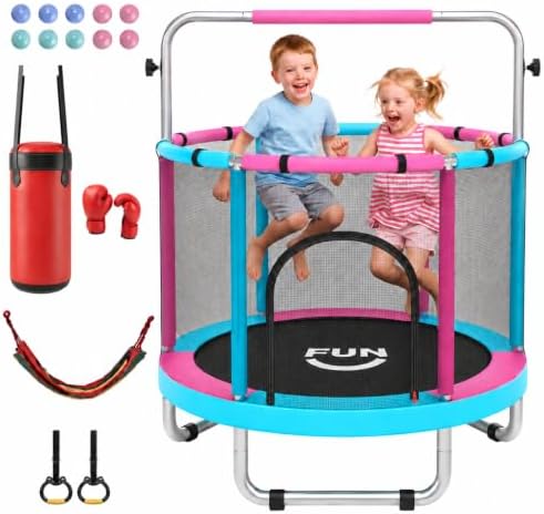 55″ Kids Trampoline with Net, 6-in-1 Indoor Outdoor Play, Ages 3-8