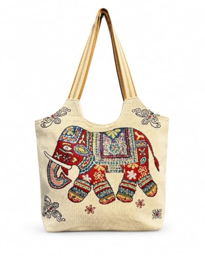 Image of Elephant Print Canvas Tote Bag for Women, Ethnic Shoulder Handbag with Multicolor Elephant Design, Dual Handle Everyday Carry Bag for Shopping, Office, College, Travel & Daily Use