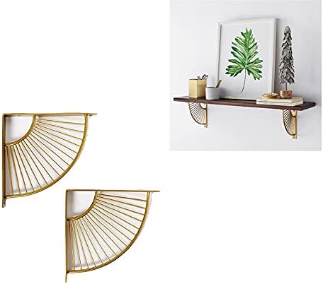 SUNEVEN 2 PACK Metal Craft Brass Bracket Floating Shelves Shelf Brackets Rack Wall Hanging Decoration Sector Bracket Modern Iron Art Stand for Home Office Restaurant for Christmas Decor.