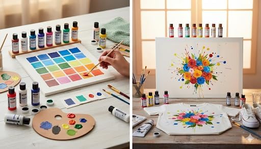 Image of Acrylic Fabric Paint Set 14 Colors with 4 Paint Brushes & Mixing Palette | Rich Pigmented Fabric Colours for Clothes, Canvas, Shoes, Wood, MDF, Ceramic, Stone, DIY Art & Craft Painting Kit (Lanpo Fabric Colours 14 Piece Set)