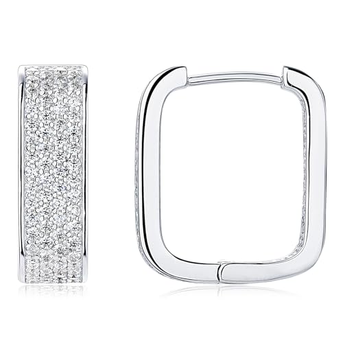 Moiaanite Luxury Sparkle Statement Hoop Earrings for Women S925 Sterling Silver Wide Post Chunky Earrings D Color Square Huggie Earrings for Valentine's Day Birthday Gift (Silver)