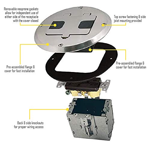 Hubbell-Raco 6239 Floor Kit With Recessed Duplex 15A Tr Device And Adjustable Steel Box, 1-Gang, Nickel #TOP6