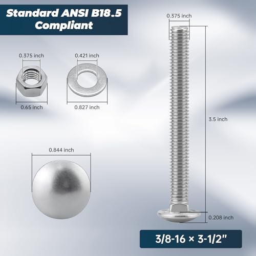 Image of 3 /8-16 x 3-1 /2 Inch Carriage Bolt Kit, 304 Stainless Steel (18-8) with Hex Nuts & Flat Washers - 6 Sets, Round Head Square Neck, Full Thread Coverage by Glvaner