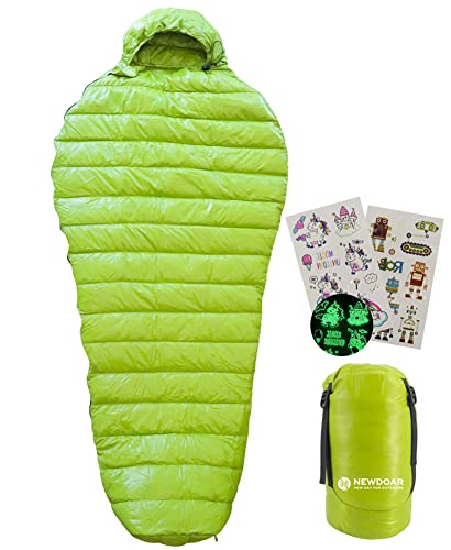 NewDoar 0 Degree F 800 Fill Power Urltra-Light Goose Sown Hooded Sleeping Bag Autumn Winter Urltra-compactable Sleeping Bag Mummy Sleeping Bag Designed for Backpacking (Hooded Regular Green 71*31inch)