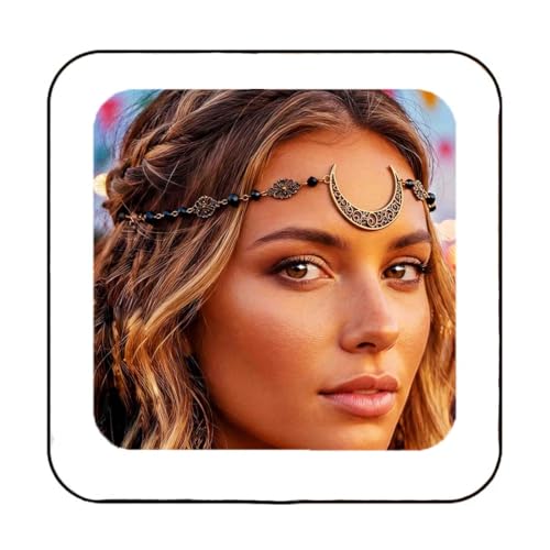Fashband Chaîne de tête en forme de lune avec perles noires - Bijou vintage pour femme