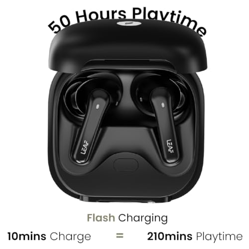 Image of Leaf Pods X1 Wireless Earbuds with 45dB Hybrid ANC, 50H Playtime, 13mm Drivers, Bluetooth 5.3, Wireless Charging, Dual Pairing, AI Sound App, Fast Charging, IPX5, ENC Mic, Carbon Black
