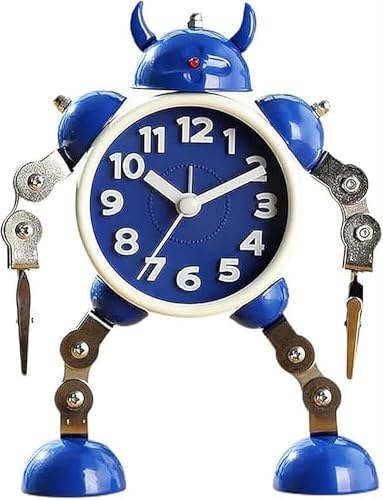 FenLinJun 非カチカチロボット 目覚まし時計 ステンレス メタル ウェイクアップクロック 点滅 シンプルなナチュラル卓上時計 ロボット小型目覚まし時計 サイレントカチカチ音をたてないアナログ寝室オフィス リビングルーム用 (ブルー)