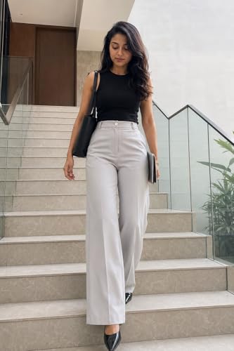Image of Korean Pants for Woman | High Waist Wide Leg Trouser | Formal Office Casual Wear | Zero See-Through Semi-Stretchable Fabric