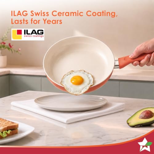 Image of Wonderchef Natura Ceramic Fry Pan for Cooking, 20cm, 1.2L, Non-Toxic Chemical-Free Coating, PFOA /PFAS-Free, for Kitchen, Scratch-Resistant, Gas & Induction Compatible, 2-Yr Warranty, Peach