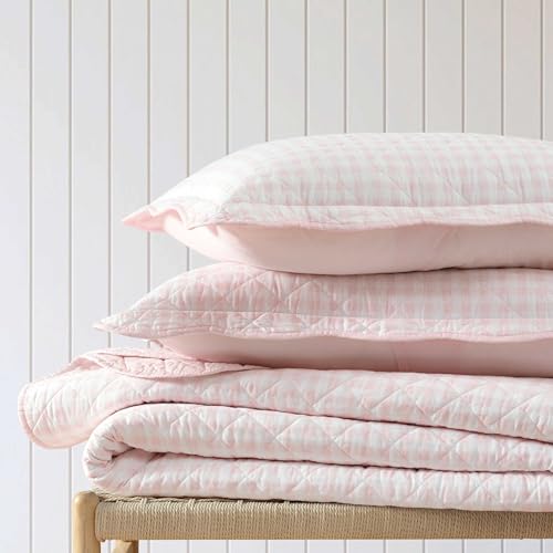 Image of Martha Stewart - King Quilt Set, 100% Soft & Breathable Bedding with a Lightweight Feel for Year Round Comfort, 3 Piece Bed Set with Matching Pillowcases (Olivia Gingham Pink)