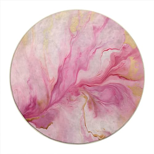 MomTumd Round Rug 2 FT Abstract Marble Office Chair Mat for Carpets Pink White Thick Hard Floor Protector Anti-Slip Desk Mat Floor Mat for Office Chair