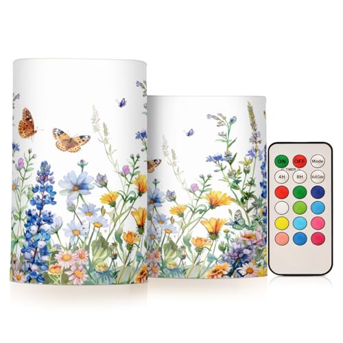 Image of Flower Lights Flameless Candles Watercolor Wildflowers Spring Pillar Candles Set of 2 Battery Operated Remote Control Warm Lights Home Decor