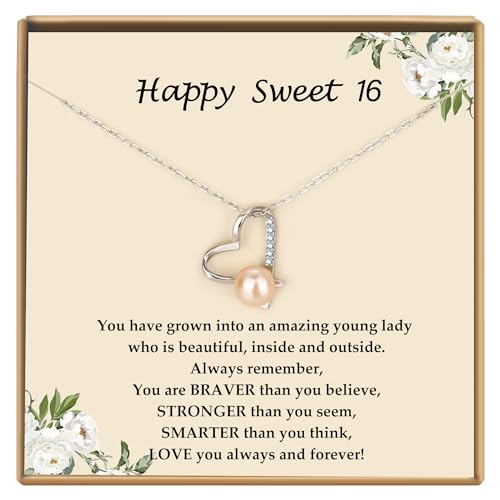 Sterling Silver Pearl Necklaces for Women, Gold/Silver Heart Necklaces for Girls, 10 13 16 21 30 40 50 60 Years old Birthday Wedding Jewelry Gifts, Single Pearl Simple Tiny Small Faux Pearl Necklaces