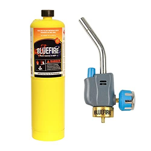 BLUEFIRE Trigger Start Gas Welding Torch Nozzle Head Full Metal Gas Knob Piezo Self Ignition Fuel by MAPP MAP PRO Propane Cylinder Soldering Brazing Triple-Point Flame
