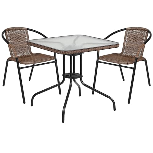 Flash Furniture Lila 3-Piece 28" Square Indoor/Outdoor Patio Table and Chairs Set, Glass Metal Bistro Table and 2 Stacking Rattan Chairs, Brown
