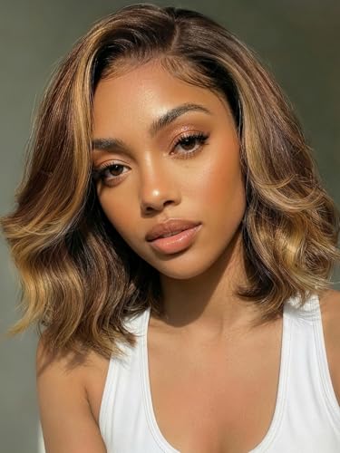 UNICE 13x4 Lace Front Bob Wig Human Hair Glueless Pre Plucked Pre Cut Chocolate Brown Balayage with Caramel Money Piece Highlights Shoulder Length Wavy Layered Drawstring Wig No Slip 10 inch
