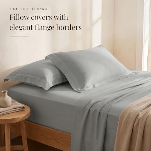 Image of Huesland 300 TC Premium 100% Pure Cotton Luxe Soft Touch Fitted Single Size Bedsheet Cotton with 2 Pillow Covers | Steel Grey | 36 x 78 Inches