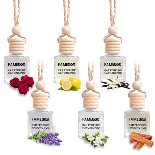 Image of 10 ML Pack of 6 Premium Rose Lavender Jasmine Lemon Sandalwood & Vanilla Car Perfume Luxury Air Freshener /Natural Fragrance Oils in Glass Bottle with Wooden Diffuser Lid /Last Upto 60 Days