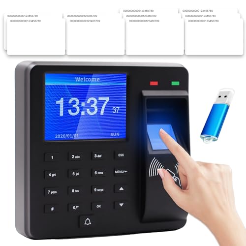 Kocusu Capteur de temps pour les petites entreprises, 3 en 1 avec 10 cartes d'identité, capacité d'empreintes digitales, machine de présence, 22 langues pour enregistrer les heures de travail