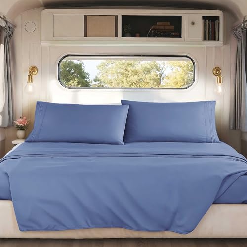 Image of Nestl Steel Blue Short Queen Sheets for RV, Hotel Luxury RV Queen Sheets Set, 4 Piece Fitted Bed Sheet Set and Pillowcases, Super Soft, Wrinkle-Free, and Breathable Camper Bedding