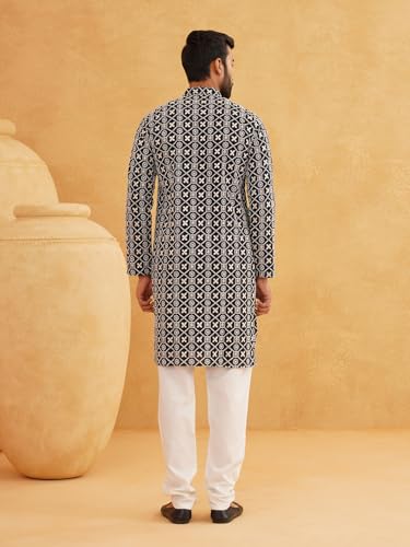 Image of SOJANYA (Since 1958 Men's Cotton Gold Sequence Embroidered Kurta with white Churidaar Pyjama