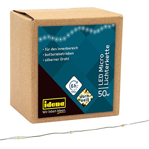 Idena 31825 - Micro Catena Luminosa A Led Con 50 Led In Bianco Caldo, Con Funzione Timer 6 Ore, A Batteria, Lunga Circa 5,2 M, Per Feste, Natale, Deco