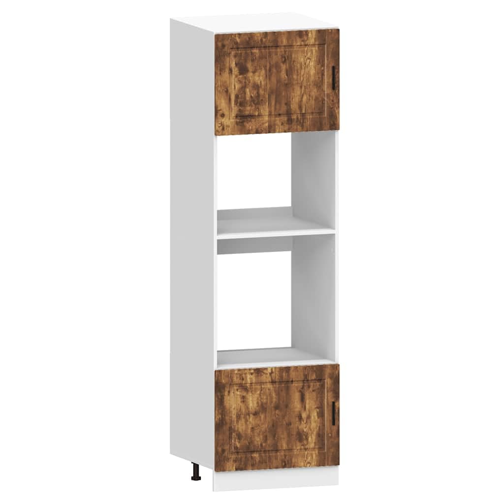 Set da cucina Kalmar, 7 pezzi, effetto rovere affumicato, moderno set di mobili da cucina in legno con frontali in vetro, mobili da cucina modulari per riporre oggetti, include dispensa e