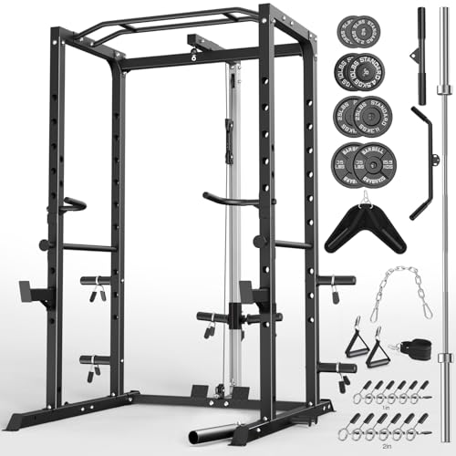 Image of ULTRA FUEGO Power Cage, Multi-Functional Power Rack with J-Hooks, Dip Handles, Landmine Attachment and Optional Cable Pulley System for Home Gym