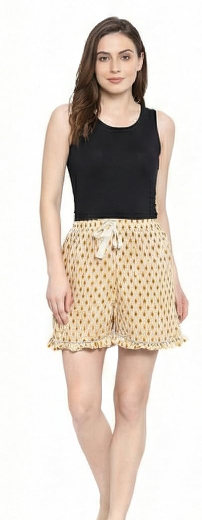 Women's Printed Shorts with Drawstring, Beige with Gold Print, Ruffle Hem Detail-picture-21