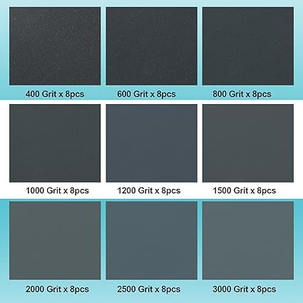 72PCS Sand Paper, Wet Dry Sandpaper Assortment Pack, Assorted for Wood Furniture Metal Finishing and Automotive Polishing, 400/600/800/1000/1200/1500/2000/2500/3000 Grit, 9 x 3.6 Inch thumbnail
