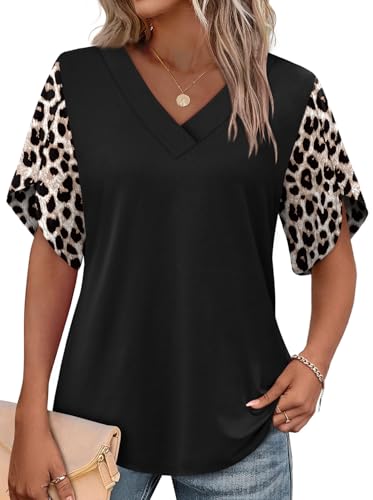 Image of WIHOLL Womens Summer Tops Short Petal Sleeve Shirts Fashion V Neck Womens Clothing