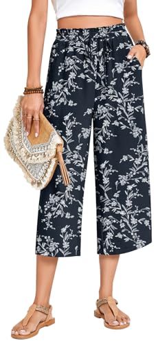 Image of Anyhold Women's Capri Pants Drawstring Casual Palazzo Trousers with Pockets Loose High Waisted Wide Leg Lounge Pants