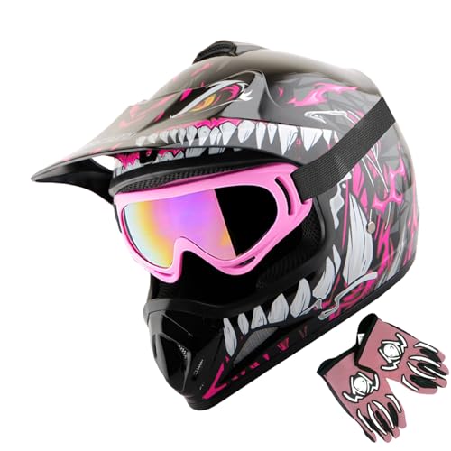 WOW Youth Kids Motocross BMX MX ATV Dirt Bike Helmet Dragon Pink + Goggles + MG Youth Pink Glove Bundle