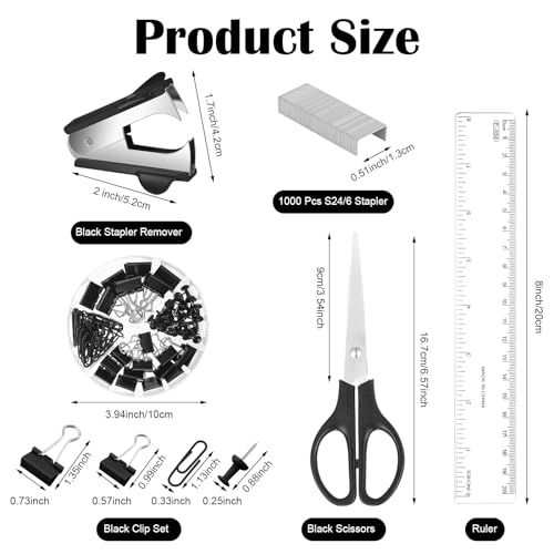 Black Desk Organizer and Accessories, Black Desk Asccessories Office Supply Kit Include Mesh Desktop Organizer Stapler 1000 Staples Tape Dispenser Pen Holder Staple Remover Clips Ruler Scissors