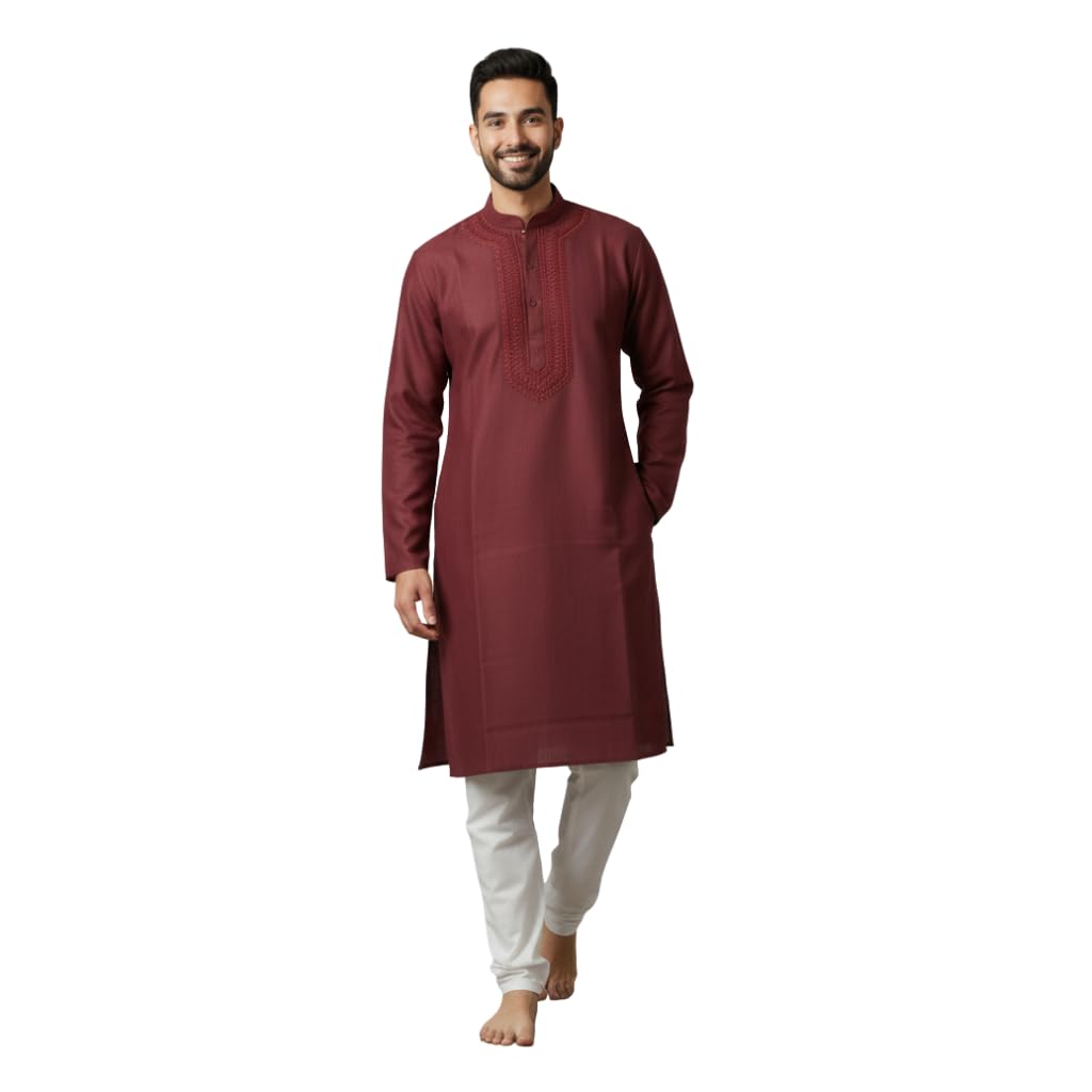 The Kashi House Men's Cotton Regular Fit Casual Mandarin Collar Chikankari Long Kurta | Only Kurta-picture-16