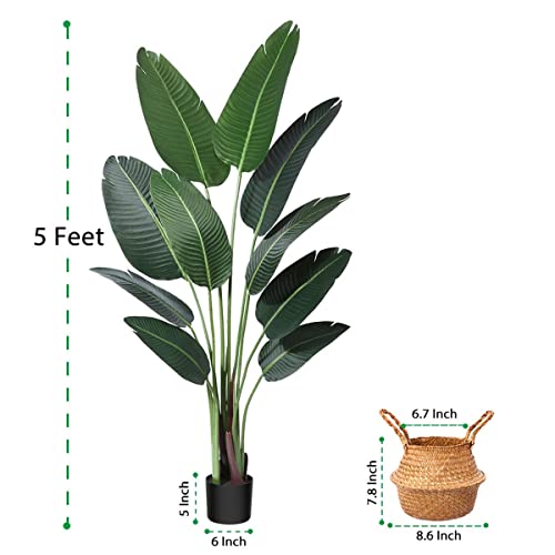 Ferrgoal Artificial Bird Of Paradise Plants 5Ft Fake Tropical Palm Tree With 10 Trunks In Pot And Woven Seagrass Belly Basket Perfect Faux Plant For Home Indoor Outdoor Office Modern Decor Green… #TOP1