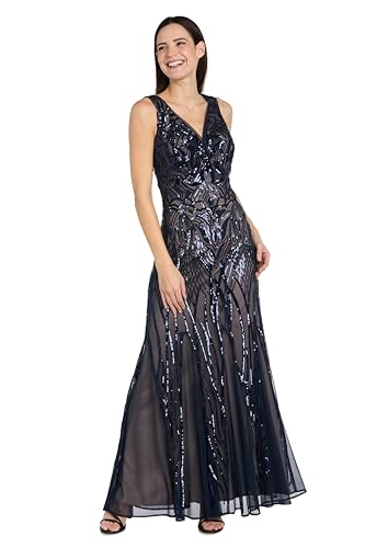Image of R&M Richards Women's Luxurious Sequin Embellished Gown | V-Neck Formal Beaded Maxi Dress W /Contrast Lining & Godet Skirt