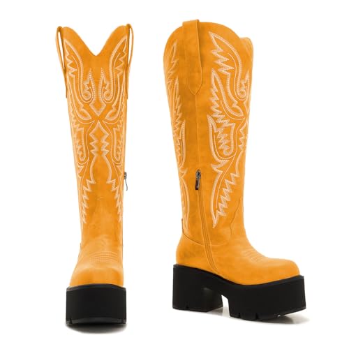 Image of Uillnoodu Wide Calf Cowboy Boots Women Adjustable Lace Up Knee High Tall Plus Size Cowgirl Boots Western Style Comfortable 2-Inch Heel