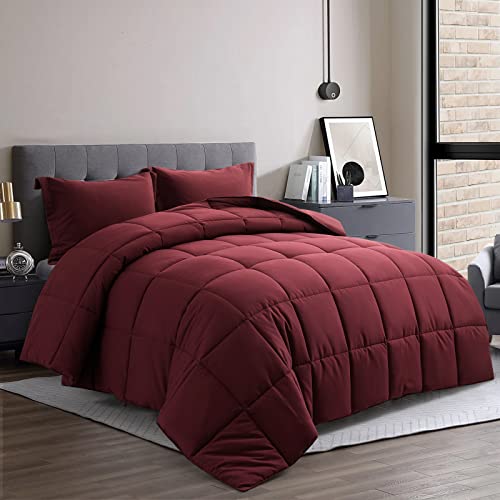 Bedhours Queen Comforter Set Red 3 Pcs Bedding Comforter Sets Soft Breathable Lightweight Down Alternative Reversible Cooling Comforter + 2 Pillow Shams With Corner Tabs Burgundy Queen #TOP3