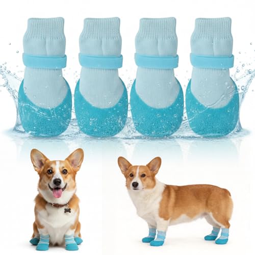 Image of Qpets 4Pcs Non-Slip Dog Socks, Rubber Dog Shoes Waterproof Pet Paw Protector Shoes with Soft Knit Upper & Durable Grip Sole, Adjustable Strap Pet Booties for Dogs Cat Indoor Outdoor Walking(1.5-3KG)