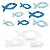 Die 3 weißen Fische sind 10 cm x 1 cm x 4 cm groß, 7 cm x 1 cm x 3 cm groß und 5 cm x 1 cm x 2 cm, die hellblauen bzw. blauen Fische sind 5 cm x 2,1 cm groß und 4 cm x 1,8 cm groß